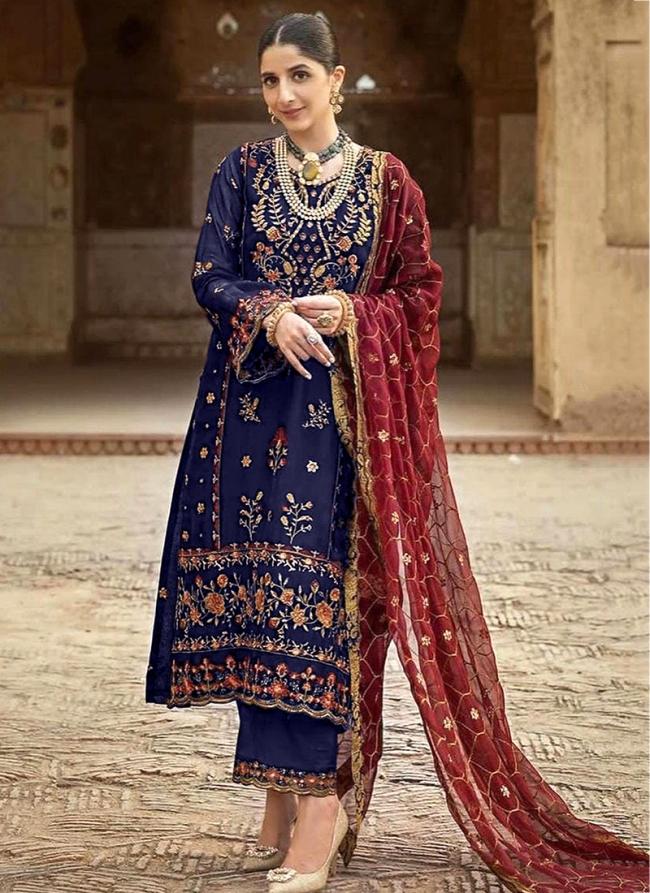 Faux Georgette Navy Blue Festival Wear Embroidery Work Pakistani Suit